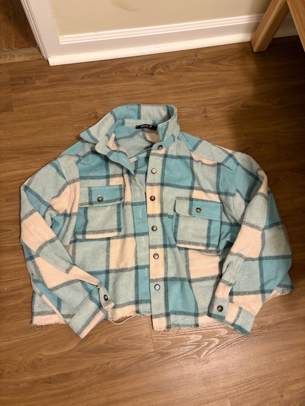 Kids Plaid Shacket Jacket in Light Blue & Cream